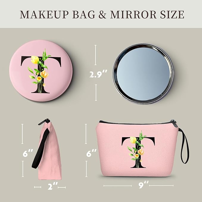 Women Birthday Unique Bride to be Bridal Shower Initial Gifts for Mom Sister Friend Her Teacher Aunt Makeup Cosmetic Bag with Mirror Mothers Day Christmas Graduation T