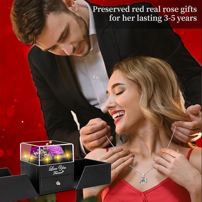 2 Preserved Real Rose with Heart I Love You Necklace- Eternal Rose Birthday Gifts for Women Wife Girlfriend Her Mom on Festivals Gifts Christmas Valentines Mothers Day Anniversary-2 Colour Purple