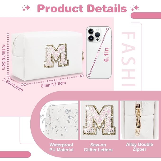 Small Initial Patch Makeup Bag Personalized Gifts Make Up Bag,White Cute PU Leather Glitter Letter Cosmetic Bag with Zipper,Trendy Portable Travel Toiletry Pouch,Preppy Stuff for Teen Girls Women M