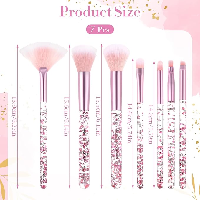 7 Pcs Makeup Brushes for Women, Cute Pink Makeup Brushes Crystal Sparkles Fan Blush Foundation Powder Lip Highlight Eye Shadow Eyebrow Brush Set With Sequins Handle Professional for Girl(Pink)
