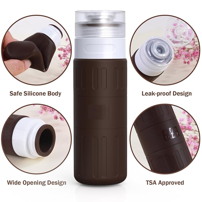 GLAMFIELDS Travel Bottles for Toiletries,TSA Approved 3.3oz Size LeakProof Silicone Toiletry Containers for Shampoo, Conditioner,Easy to Squeeze，Portable Travel Essentials for Lotion(18 Pack) Coffee