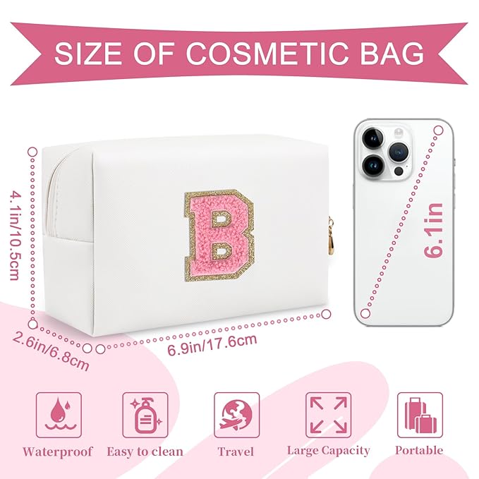 Personalized Makeup Bag Initial A-Z Preppy Patch Bag,Small PU Leather Travel Cosmetic Bag Pouch with Zipper,White Cute Toiletry Bag,Gift Ideal for Teen Girls Women Birthday Friend Mom,Letter B