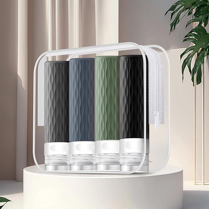 Travel Bottles for Toiletries, TSA Approved 3.4oz Travel Size Containers, BPA Free Leak Proof Silicone Traveling Bottles, Refillable Travel Essentials Kits for Shampoo Conditioner(4 Pack)-A