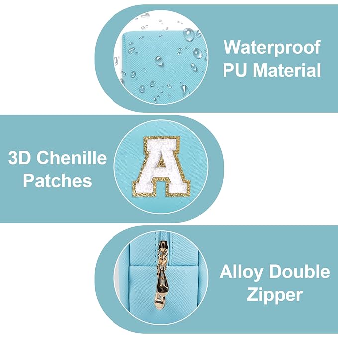 Small Personalized Initial A-Z Preppy Patch Makeup Bag,PU Chenille Letter Travel Cosmetic Pouch with Zipper,Blue Cute Toiletry Bag,Gift Ideal for Teen Girls Women Teacher Bridesmaid,Letter A