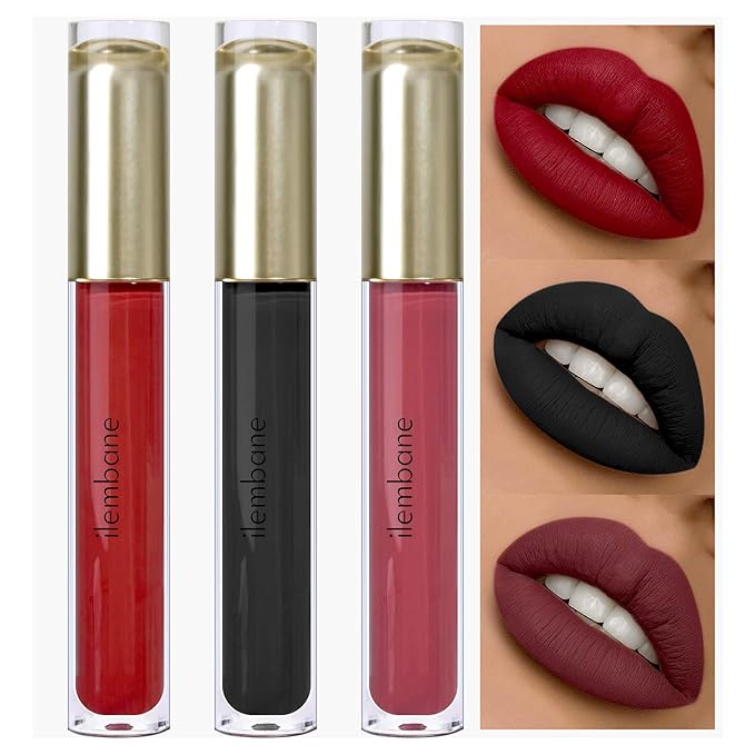 Multicolor Matte Liquid Lipstick Set 3Pc For Women Deep Red, Black, Classic Red Long-Lasting, Smudge-Proof, Waterproof – High-Pigment, Transfer-Resistant Colors for All-Day Wear