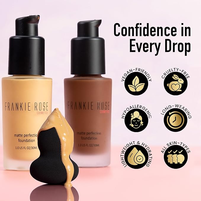 Frankie Rose Cosmetics Matte Perfection Foundation Makeup – Long-Lasting, Hydrating Foundation for Semi-Matte Finish - Foundation Full Coverage for All Skin Types - (Gold) 1.0 US fl oz / 30 ml