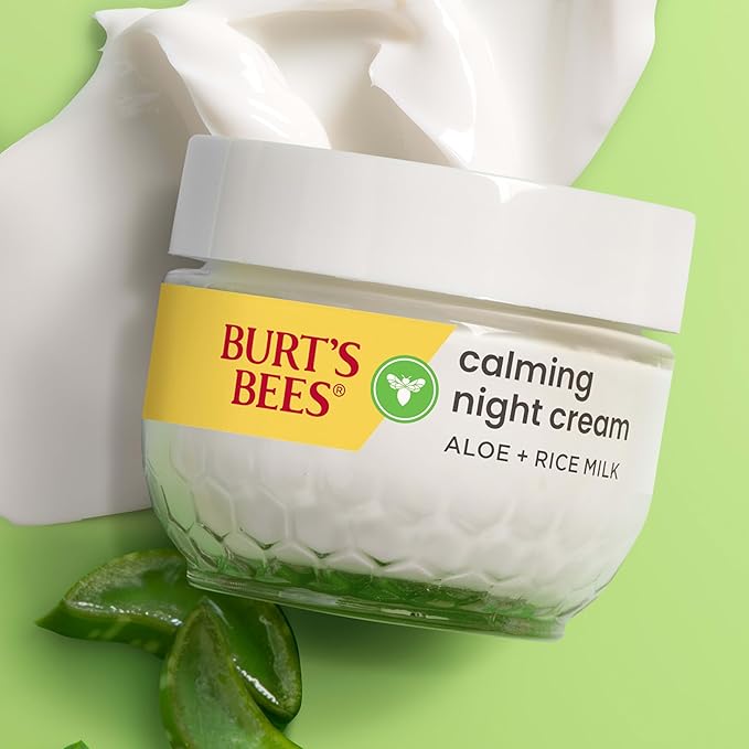 Burt's Bees Calming Night Cream With Aloe and Rice Milk, Face Moisturizer For Sensitive Skin Infuses Skin With Moisture While You Sleep, 98.8 Percent Natural Origin Skin Care, 1.8 oz. Tub