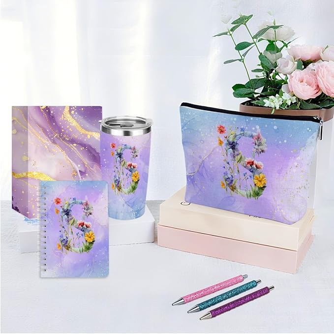 Personalized Gifts for Women Monogrammed Birthday Gifts for Women, Wife Girlfriend Christmas, Initial 20 oz Tumbler, Makeup Cosmetic Bag Cup Pens Journal Notebook 6 Set, (Aesthetic Purple Flower S)