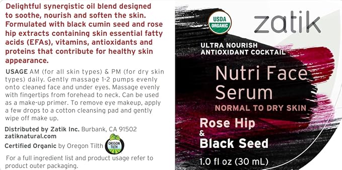 Zatik Naturals - Nutri Face Serum with Rose Hip and Black Seed, USDA Organic, Vegan, Non-GMO, Gluten Free, Soy Free, Alcohol Free, pH Balanced, Biodegradable, 1.0 fl oz, 30ml
