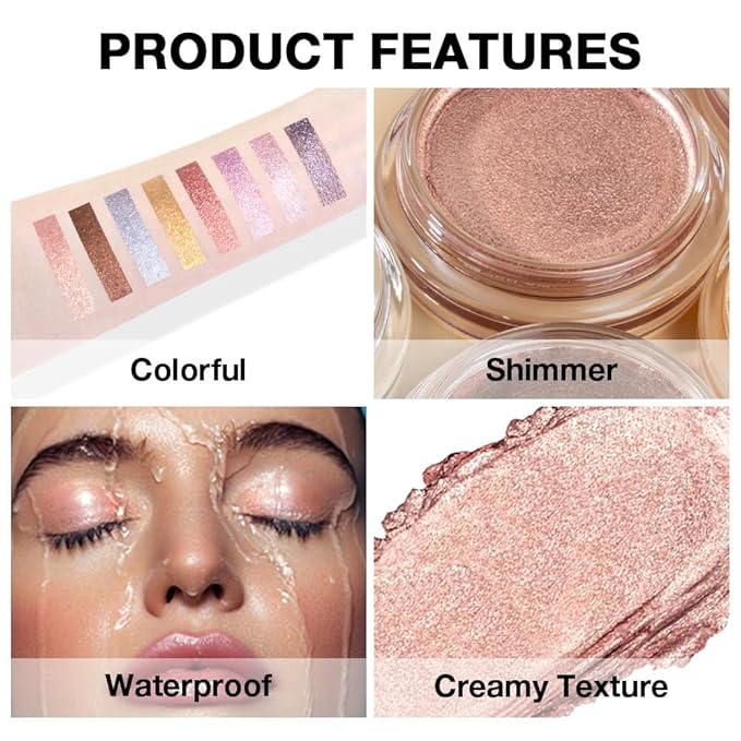 Glitter Shimmer Metallic Cream Eyeshadow Palette Makeup, Rose Gold Natural Single Mini Instant Holographic Eyeshadow For Women, Sombras Crema Para Ojos, Talc, Paraben & Cruelty Free
