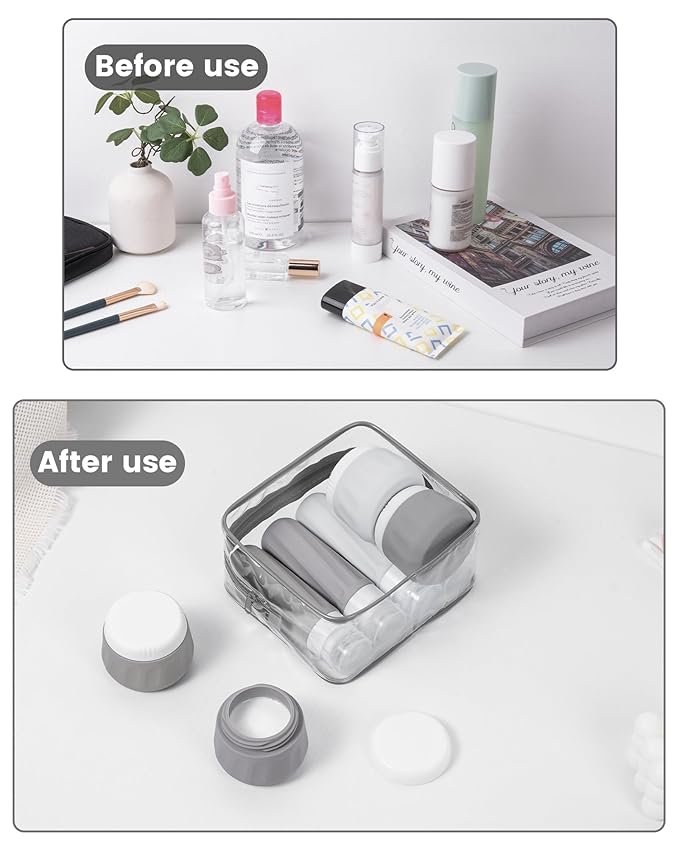 Travel Bottles for Toiletries 8 Pack, Travel Size Toiletries, Tsa Approved Travel Size Containers 3oz, with Travel Essentials Clear Bag, Leak Proof Silicone Squeezable Creams Jars