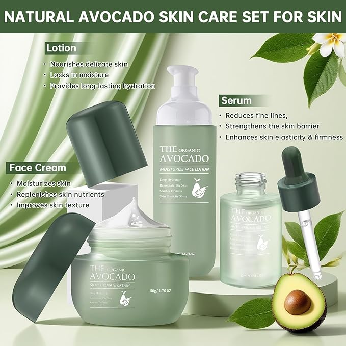 Avocado Skin Care Set, Skincare Gifts Kits For Hydrating Skin, Anti Aging Facial Kit For Women With Facial Cleanser, Toner, Face Serum, Lotion, Face Cream, Eye Cream. (6 Pieces)
