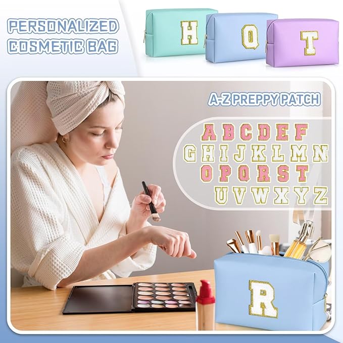 TOPEAST Initial Makeup Bag for Travel, Chenille Letter Pouch Cosmetic Bag, PU Leather Waterproof Toiletry Bag, Personalized Gifts for Bride Bridemaids, Cute Things for Girls (Sky Blue Q)