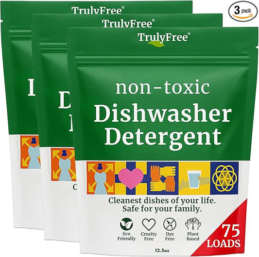 Truly Free Dishwasher Detergent Powder | Natural Dish Detergent, Dishwasher Soap | Plastic Free, Plant-Based, Clean, Heavy Duty Hard Water Stain & Grease Remover | Fragrance Free | 12.5 oz (Pack of 3)
