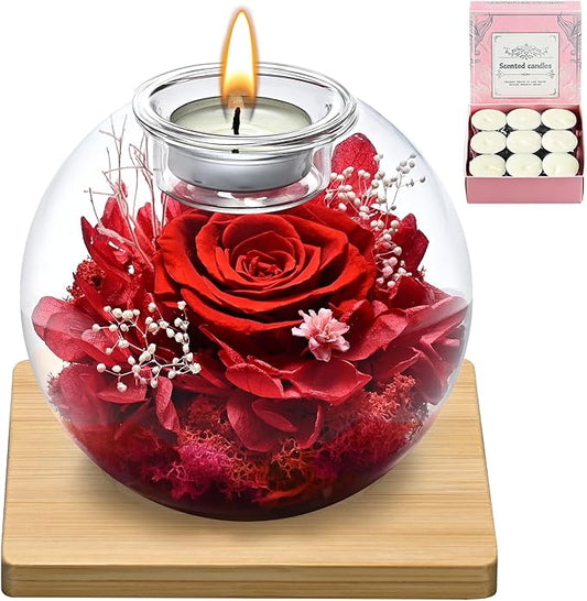 Birthday Gifts for Women,Eternal Preserved Real Rose with Scented Candle(Vinilla9Pcs+Rose9Pcs),Preserved Rose in Glass Dome, Christmas Valentine for Her Mom Girlfriend,Home Decor