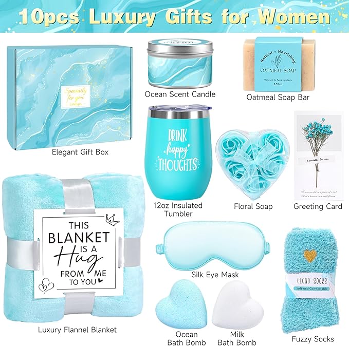 Birthday Gifts for Women, Christmas Self Care Gifts Get Well Soon Gifts Basket, Ocean Relaxing Spa Gifts Care Package w/Luxury Flannel Blanket, Unique for Mom Her Friend Sister