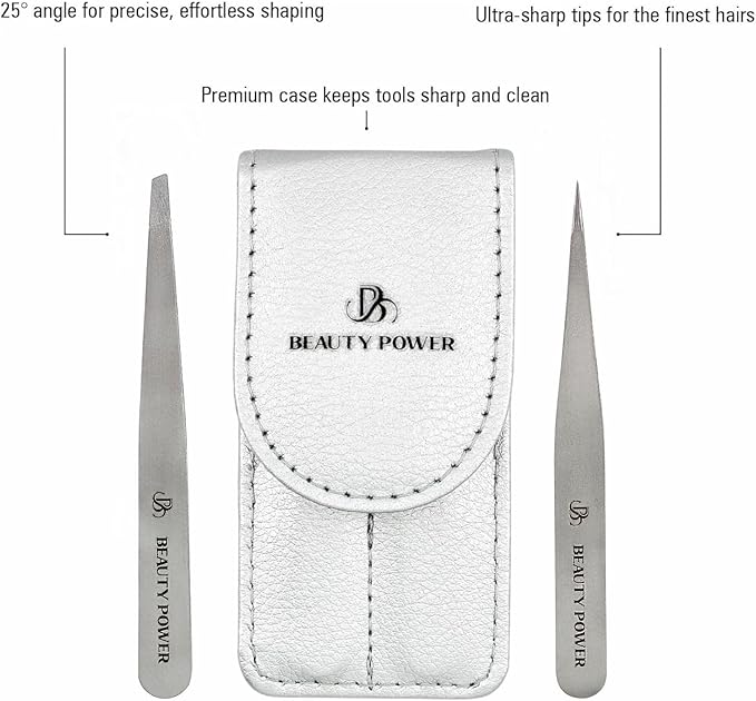 Professional Tweezers Set – Slant & Point, Ultra Precision German Stainless Steel Tweezers for Eyebrows, Chin, Ingrown Hair & Facial Grooming – Lightweight with Travel Case (Matte Grey)