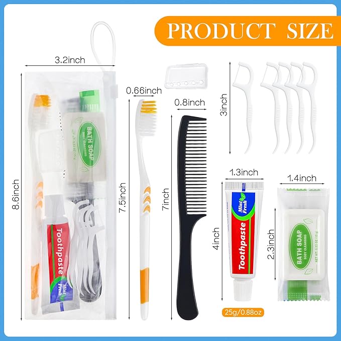 Personal Care Travel Toiletries Sets Bulk - Pack of 10,Disposable Toothbrushes with Toothpaste and Floss,Comb,Soap,Cover,Zip Bag 7-IN-1 Travel Size Toiletry Kit for Hotel,Guest,Homeless,Charity,Church