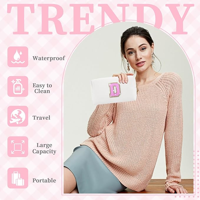 Small Initial Patch Makeup Bag Personalized Gifts Make Up Bag,White Cute PU Leather Glitter Letter Cosmetic Bag with Zipper,Trendy Portable Travel Toiletry Pouch,Preppy Stuff for Teen Girls Women D