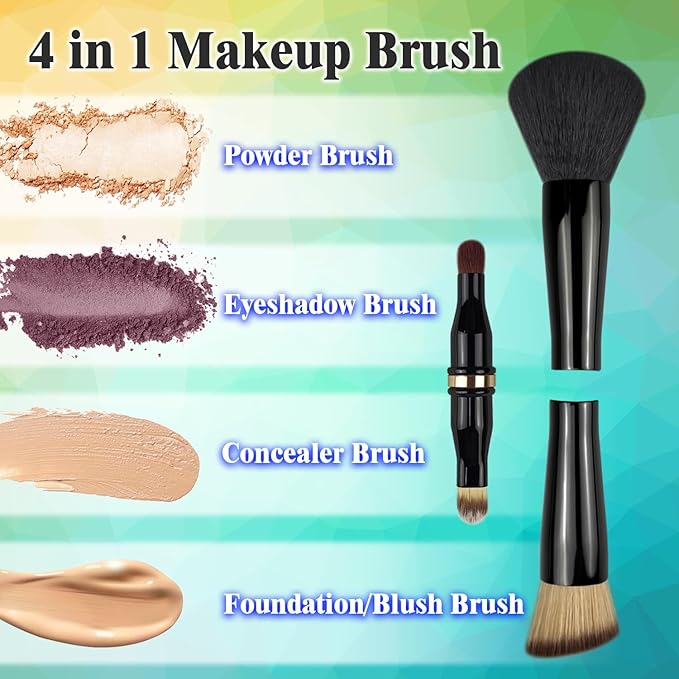 2 Pack 4 in 1 Makeup Brush, Travel Makeup Brush Set with Case, Foundation Brush, Concealer Brush, Eyeshadow Brush Set, Screw Brush, Lip Brush for Foundation, Concealer, Powder Liquid