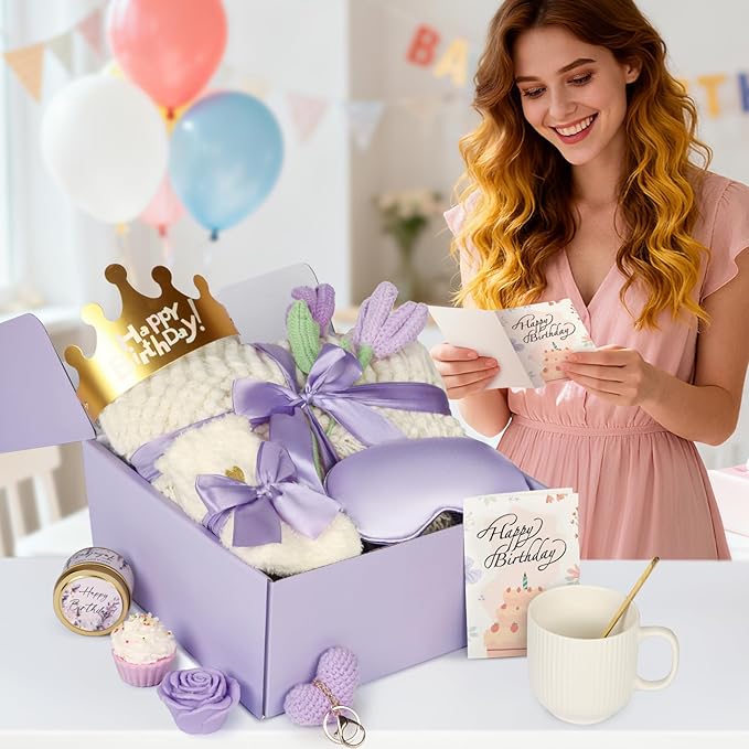 Birthday Gifts for Women - 13PCS Unique Happy Birthday Gifts Basket for Mom Her Best Friend Sister Wife Girlfriend Coworker - Relaxing Spa Self Care Package Get Well Soon Gifts Set (Lavender)