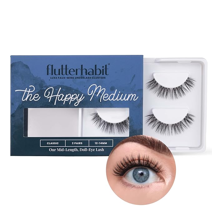 FlutterHabit The Happy Medium Lashes, 2 Sets of Eyelashes, DIY Doll Eyed Lash Extensions, Up to 10 Day Lash Wear, Salon Quality Cluster Eyelashes for a Natural Look, No Glue Included