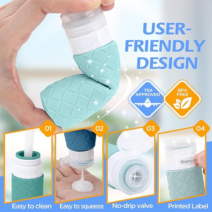 16 Pack Travel Bottles for Toiletries, TSA Approved Travel Size Toiletries Containers Set, BPA-Free Silicone Leak Proof Refillable Bottles Stackable Creams Jars Accessories Kit W/Clear Bag Mint Green