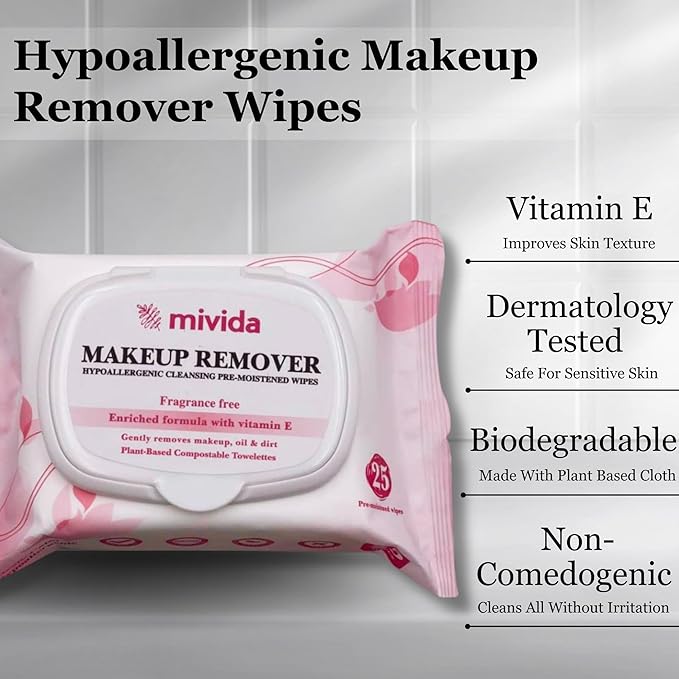 mivida Hypoallergenic Makeup Remover Wipes | Dermatologist-Tested, Biodegradable, Fragrance-Free with Vitamin E | Gentle on Sensitive Skin, 25 Count