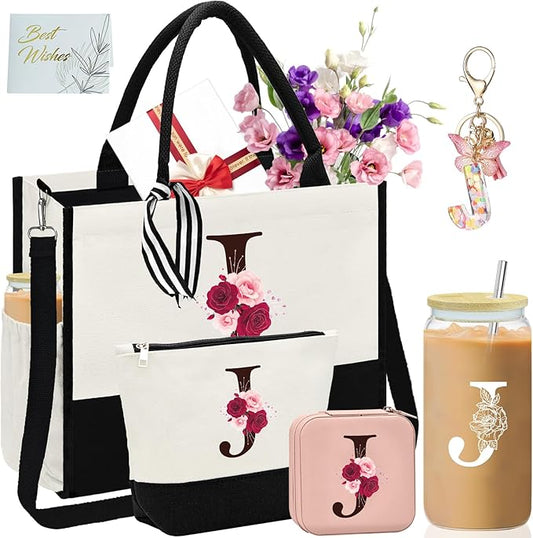 Birthday Gifts for Women,Initial Canvas Tote Bag,Monogrammed Gift for Women,16OZ Initial Glass Cup,Makeup Bag with Zipper,Jewelry Organizer Box,Personalized Gifts for Mom-J