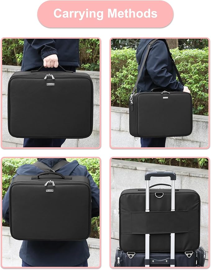 Relavel Extra Large Makeup Case Professional Cosmetic Storage Organizer Box Brush Holder with 4 Clear Set Bags & Lipstick Plate & Clear Makeup Brush Case for Makeup Artists Black