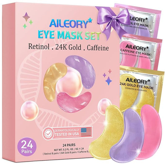 Under Eye Patches for Dark Circles, Puffiness, Fine Lines, Eye Mask Set with Retinol, 24K Gold, Caffeine, Gel Mask for Birthday & Spa Party Favors, Skincare Gift for Women & Men, 24 Pairs