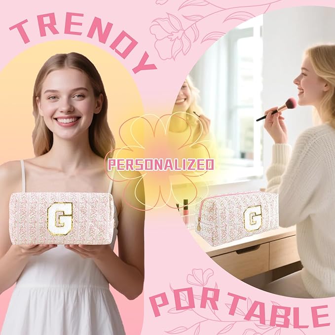 Personalized Quilted Cosmetic Bag, Puffy Monogrammed Christmas Birthday Gifts for Women & Girls, Cute initial Floral Makeup Bag Puffer Coquette Bag, Aesthetic Travel Toiletry Zipper Pouch(Pink,G)