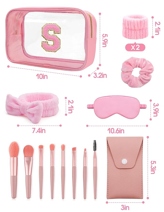 Gift Sets for Women, Initial Makeup Bag with Makeup Brush Set Bachelorette Party Favors, Pink Spa Kit with Skincare Headbands Wrist Bands Sleepover Party Supplies Gifts for Teen Girls Bridesmaid S