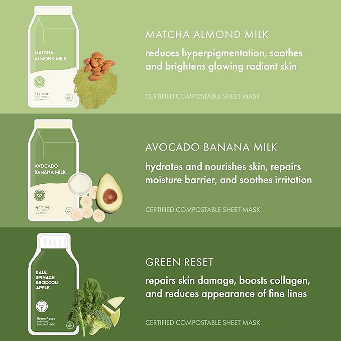 ESW Beauty Fresh Greens Superfood Set – Antioxidant-Rich Face Masks with Apple, Kale, & Broccoli – Includes Matcha Almond, Green Reset & Avocado Banana – Vegan, Clean Beauty for Glowing Skin