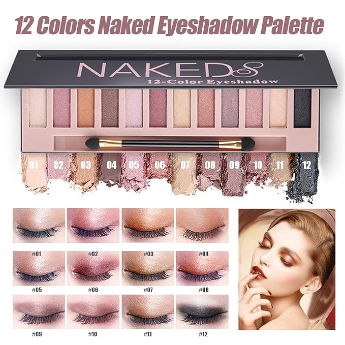 All in One Makeup Kit, Includes 12 Colors Naked Eyeshadow Palette, Beige Liquid Foundation, Lipstick Set, Eyebrow Soap, Eyeliner Stamp, Waterproof Mascara, Brush, Sponges