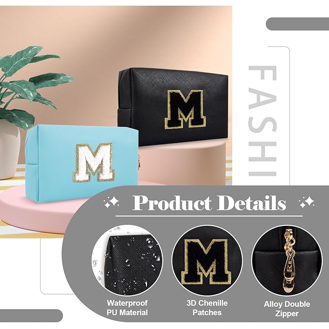 Personalized Initial A-Z Preppy Patch Makeup Bag,Small PU Chenille Letter Cosmetic Bag with Zipper for Teen Girls,Black Cute Toiletry Organizer Bag,Monogram Makeup Case Gift for Women Girls,Letter M