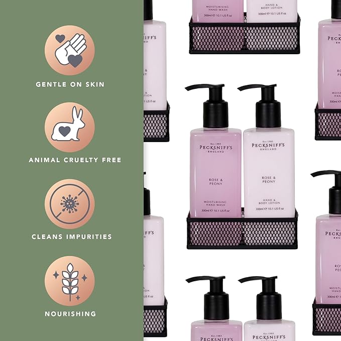 Hand Wash & Body Lotion Caddy Set (Rose & Peony) - 10.1 Fl Oz Each - Gentle Cleanser for Sensitive Skin - Moisturizing & Hydrating Hand Cream - All Natural Cruelty Free Body Wash - Pecksniff’s