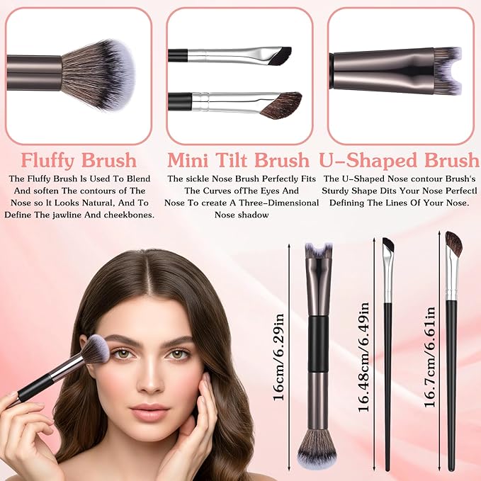 Grevosea 3 Pcs Contour Brushes for Makeup, 2 in 1 Dual-End Nose Contour Brush Angled Blush Brush for Cheeks Sculpting Highlighting Defining Eyeshadow Makeup Brushes