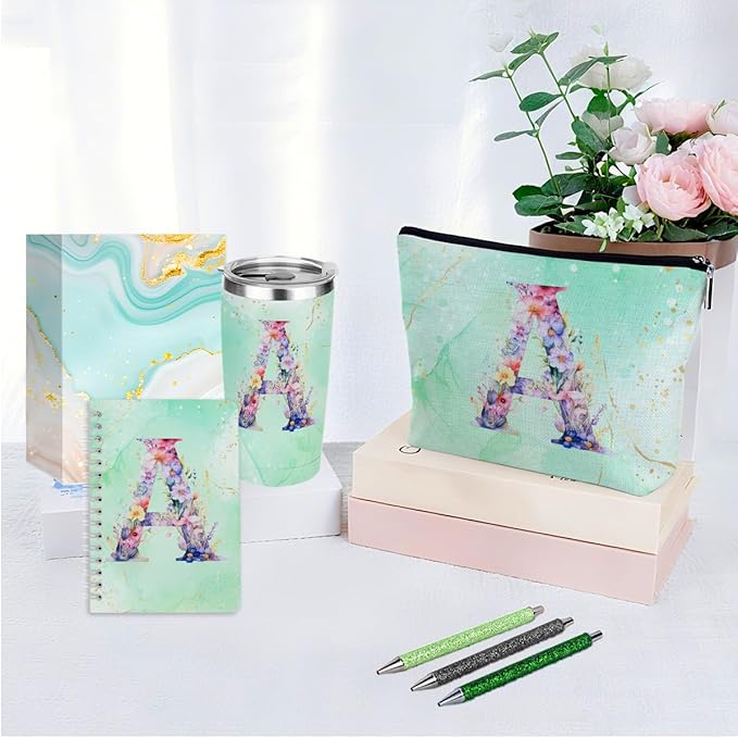 Personalized Gifts Monogrammed Birthday Gifts for Women, Bridesmaid Bachelorette Party Appreciation Christmas Initial 20 oz Tumbler, Makeup Bag Pens Journal Notebook 6 Set, (Aesthetic Green Flower A)