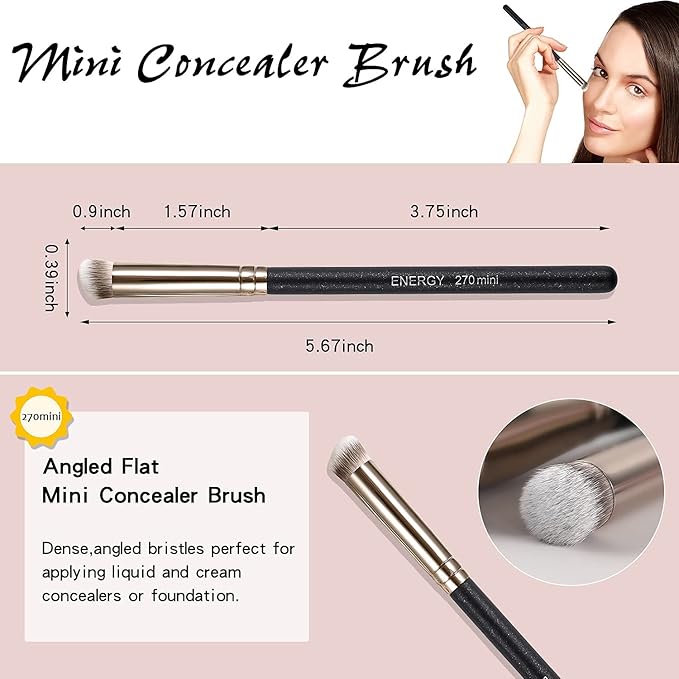 ENERGY Under Eye Concealer Brush Mini Flat Angled Kabuki Foundation Brush with Synthetic Bristles for Concealing Blending Setting Buffing with Powder Liquid Cream Cosmetics Vegan Makeup Brushes