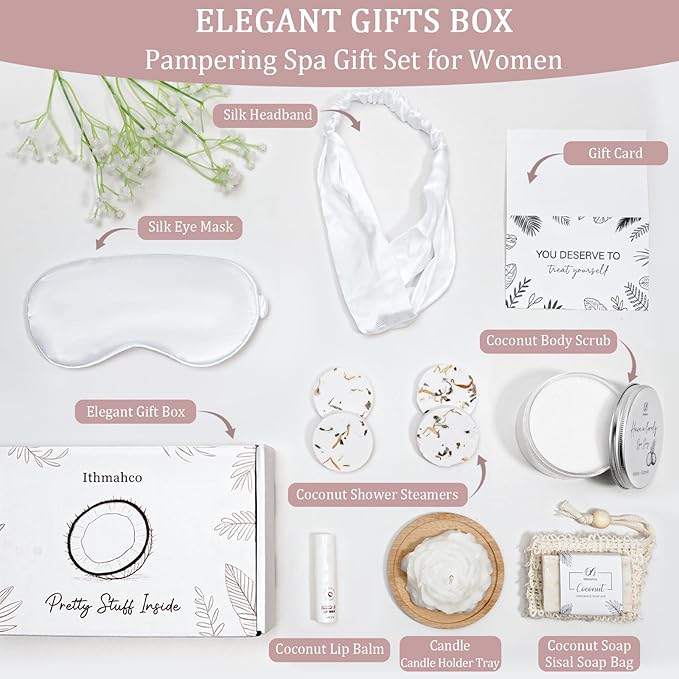 Spa Gifts for Women, Bath and Body Gift Basket Birthday Gifts for Women, Coconut Home Spa Set Relaxation Self Care Gift for Woman, Thank You Baskets Body Care Set for Mom Wife Sister Friends Coworker