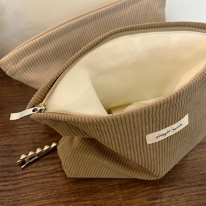 Wudygirl Corduroy Makeup Bag Cosmetic Bag for Women Cute Makeup Organizer Travel Makeup Pouch Toiletry Bag Aesthetic Handbag Pouches for Purse with Zipper (Camel)