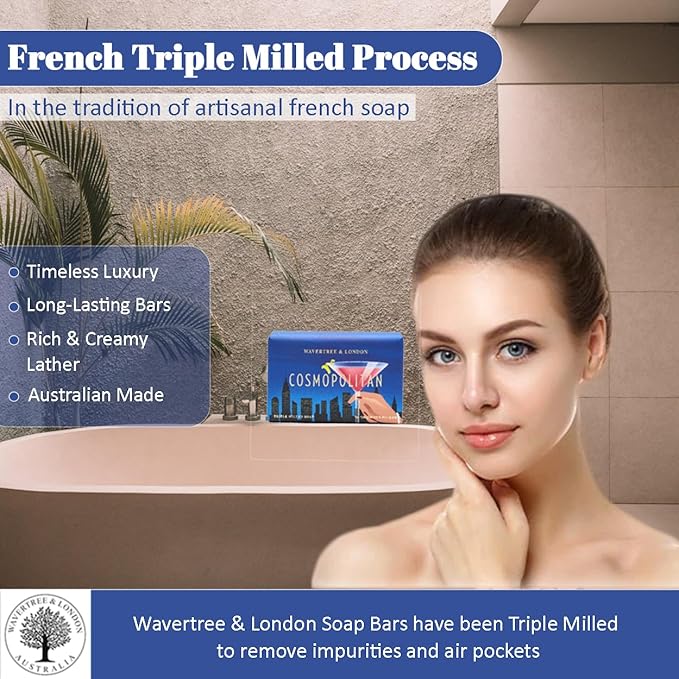 Wavertree & London Cosmopolitan Scented Natural Soap (2 Bars), 7oz Moisturizing French Triple Milled Soap Bars enriched with shea butter - Pure Plant Based Bath & Body Bars for All Skin Types