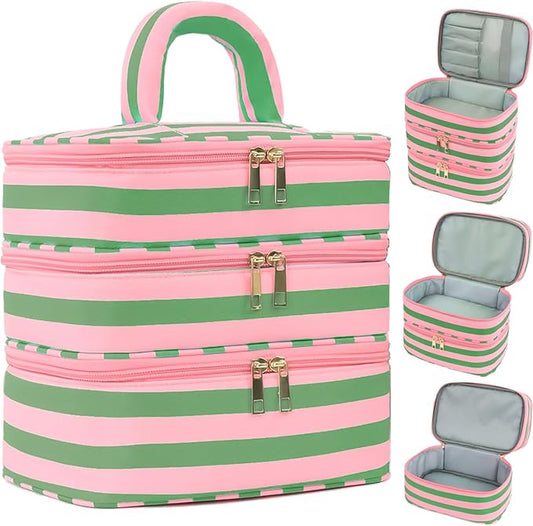 Three Layer Makeup Bag for Women Fashion Stripes Cosmetic Bag Preppy Style Travel Water-Resistant Toiletry Bag for Storage Toiletries Cosmetics Sets for Women Teen Girls Green