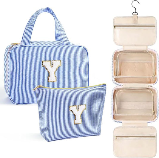 YOOLIFE Travel Toiletry Bag for Women - Hanging Toiletry Bag Makeup Bag, Portable Toiletries Travel Bag and Cosmetic Bag Essentials - Letter Y, Blue
