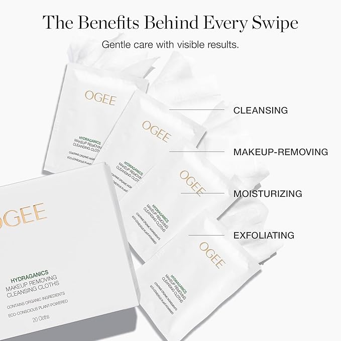 Ogee Gentle Makeup Remover Wipes - Moisturizing Makeup Wipes - Nourishing Formula of Jojoba Oil, Aloe Vera & Essential Oils - Facial Cleansing Cloths (20ct)