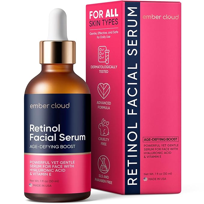 Retinol Serum for Face with Hyaluronic Acid, Vitamin E & Aloe Vera Anti-Aging Serum - All Skin Types - Supports Even Tone - Day and Night - Made in USA - 1 Oz