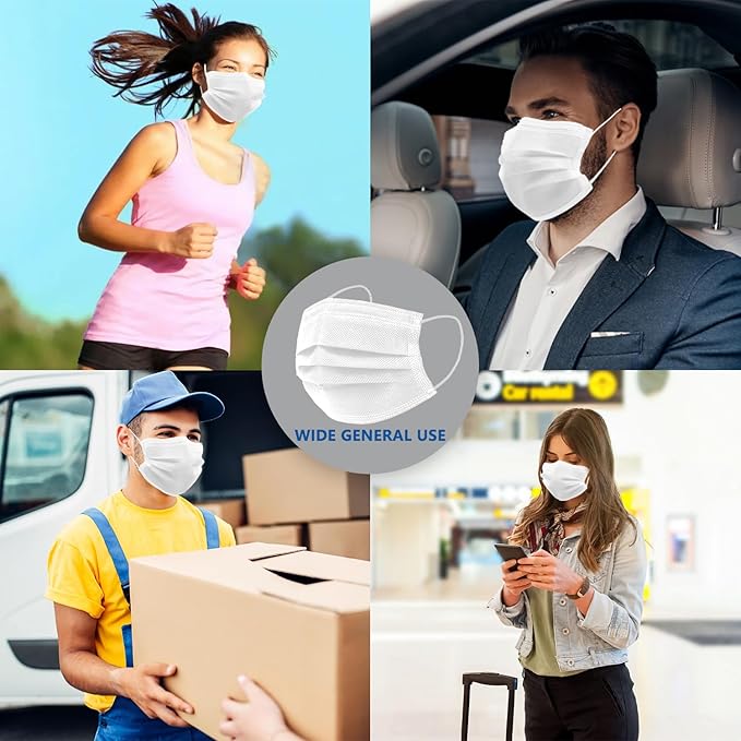 100Pcs White Disposable Face Mask, 3 Ply Masks with Soft Elastic Ear loops