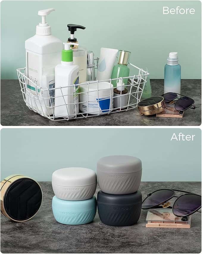 TakeToday Travel Containers for Toiletries, Leak-proof, TSA Approved, Refillable Silicone Cream Jars with Lid Travel Size Essential for Cosmetic toiletry Cream, 2oz, 4 Pack (Gray)