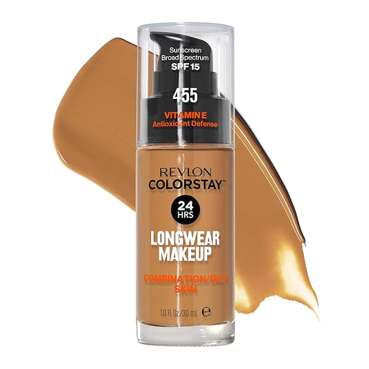 Revlon Liquid Foundation, ColorStay Face Makeup for Combination & Oily Skin, SPF 15, Medium-Full Coverage with Matte Finish, Honey Beige (455), 1.0 oz
